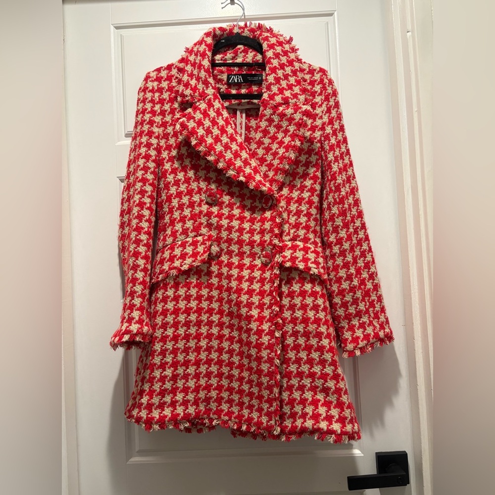 ZARA Houndstooth Textured Tweed Double Breasted Coat Jacket Frayed - size Small